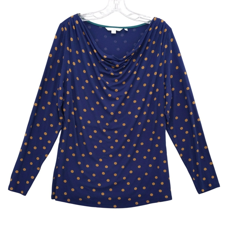 Boden Cowl Neck Top Polka Dot‎ Long Sleeve Casual Blouse Blue Gold US 14
